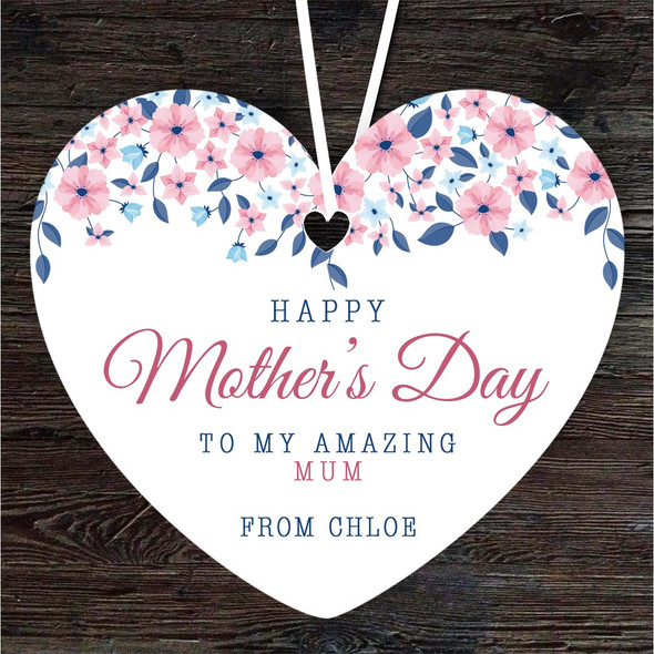 FREE WITH ORDERS OVER £20! - Amazing Mum Blue And Pink Floral Mother's Day Gift Heart Personalised Ornament
