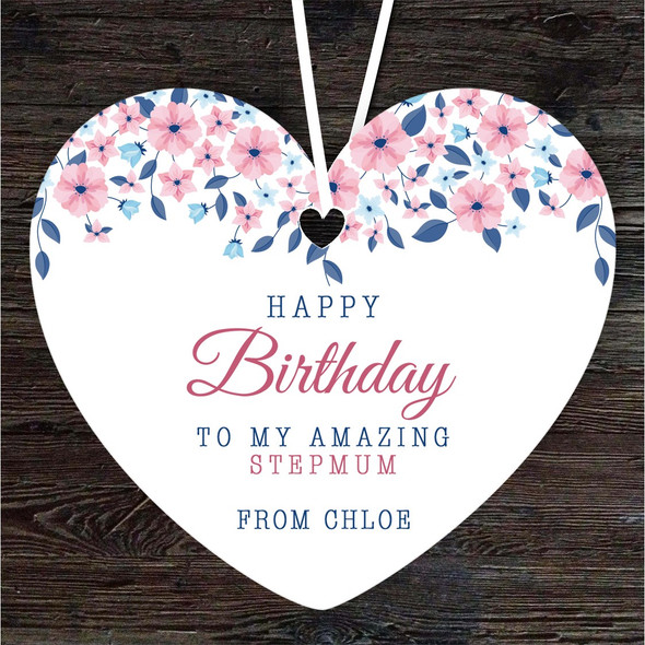 FREE WITH ORDERS OVER £20! - Amazing Stepmum Blue And Pink Floral Birthday Gift Heart Personalised Ornament