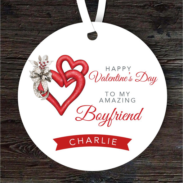 FREE WITH ORDERS OVER £20! - Boyfriend Grey Bow Red Hearts Valentine's Day Gift Round Personalised Ornament