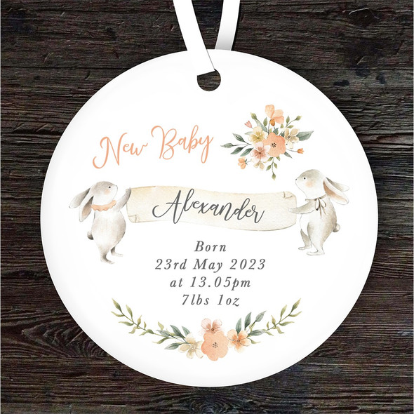 FREE WITH ORDERS OVER £20! - New Baby Peach Rabbits Round Personalised Gift Keepsake Hanging Ornament Plaque