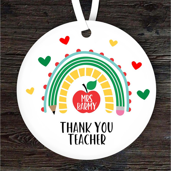 FREE WITH ORDERS OVER £20! - Thank You Teacher Rainbow Hearts Pencil Round Personalised Gift Hanging Ornament