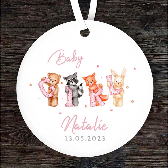 FREE WITH ORDERS OVER £20! - Animals New Baby Girl Round Personalised Gift Keepsake Hanging Ornament Plaque