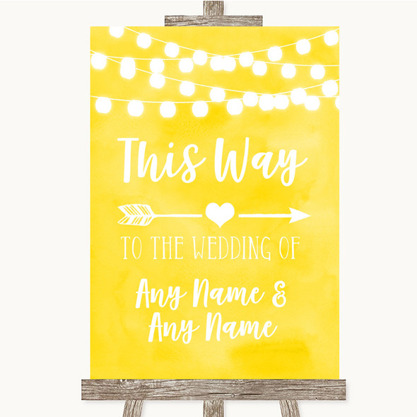 Yellow Watercolour Lights This Way Arrow Right Personalised Wedding Sign