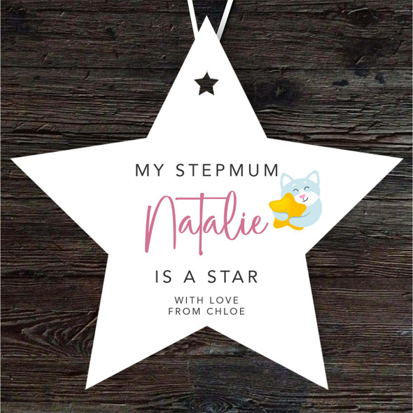 FREE WITH ORDERS OVER £20! - Gift For Stepmum Cat Hugs Star Personalised Hanging Ornament