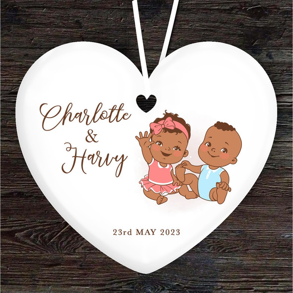 FREE WITH ORDERS OVER £20! - New Baby Girl And Boy Dark Skin Twins Heart Personalised Gift Hanging Ornament