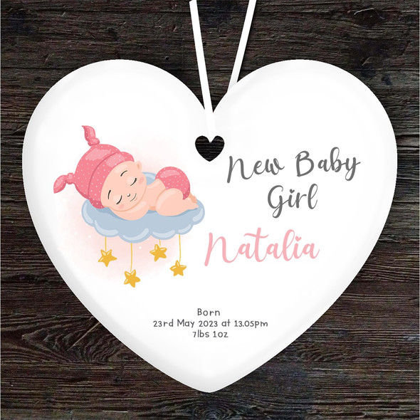 FREE WITH ORDERS OVER £20! - New Baby Girl Cloud Stars Birth Details Heart Personalised Gift Hanging Ornament