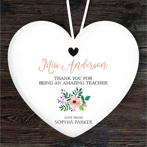 FREE WITH ORDERS OVER £20! - Thank You Amazing Teacher Flowers Heart Personalised Gift Hanging Ornament