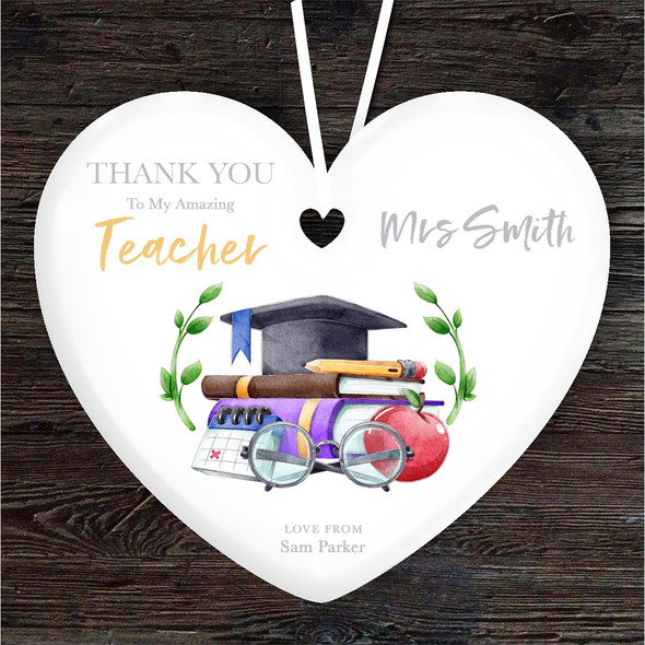 FREE WITH ORDERS OVER £20! - Thank You Amazing Teacher School Books Heart Personalised Gift Hanging Ornament
