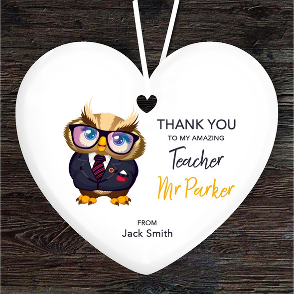 FREE WITH ORDERS OVER £20! - Thank You Teacher Owl With Glasses Heart Personalised Gift Hanging Ornament