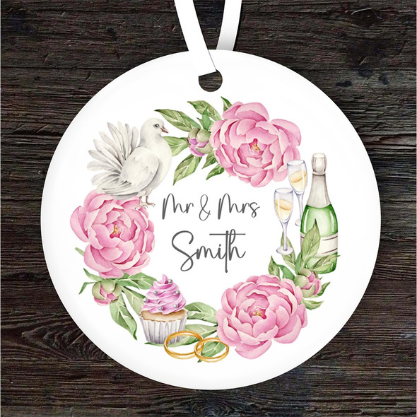 FREE WITH ORDERS OVER £20! - Mr and Mrs Painted Pink Wedding Day Round Personalised Gift Hanging Ornament