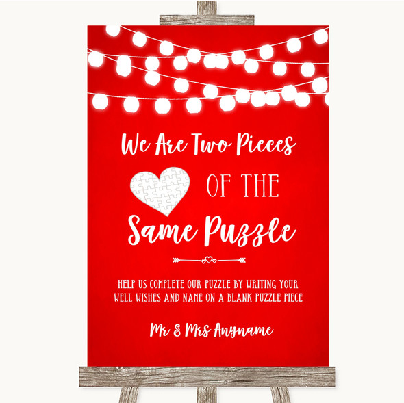 Red Watercolour Lights Puzzle Piece Guest Book Personalised Wedding Sign