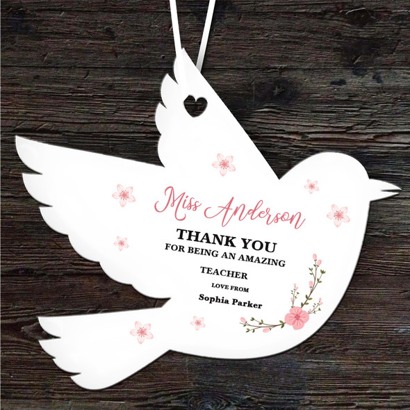 FREE WITH ORDERS OVER £20! - Thank You Teacher Pink Blossom Bird Personalised Gift Keepsake Hanging Ornament