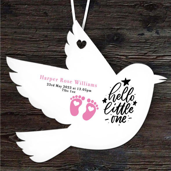 FREE WITH ORDERS OVER £20! - Hello New Baby Girl Pink Footprints Bird Personalised Gift Hanging Ornament