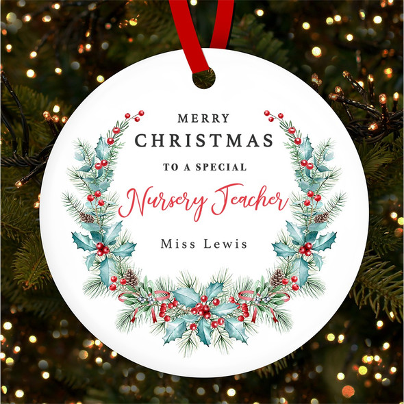 FREE WITH ORDERS OVER £20! - Nursery Teacher Winter Berry Personalised Christmas Tree Ornament Decoration