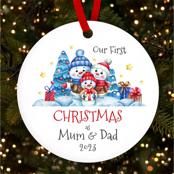 FREE WITH ORDERS OVER £20! - Snowman Family 1st As Parents Scene Custom Christmas Tree Bauble Decoration