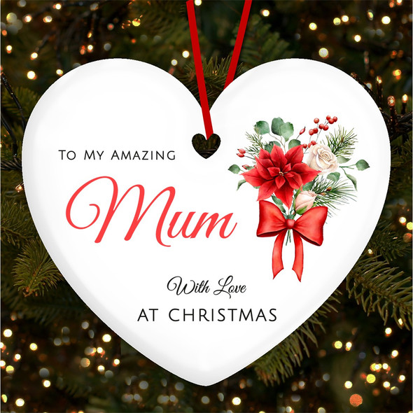 FREE WITH ORDERS OVER £20! - Mum Winter Red and White Floral Personalised Christmas Tree Ornament Decoration