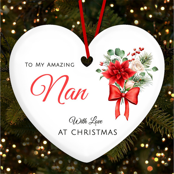 FREE WITH ORDERS OVER £20! - Nan Winter Red and White Floral Personalised Christmas Tree Ornament Decoration