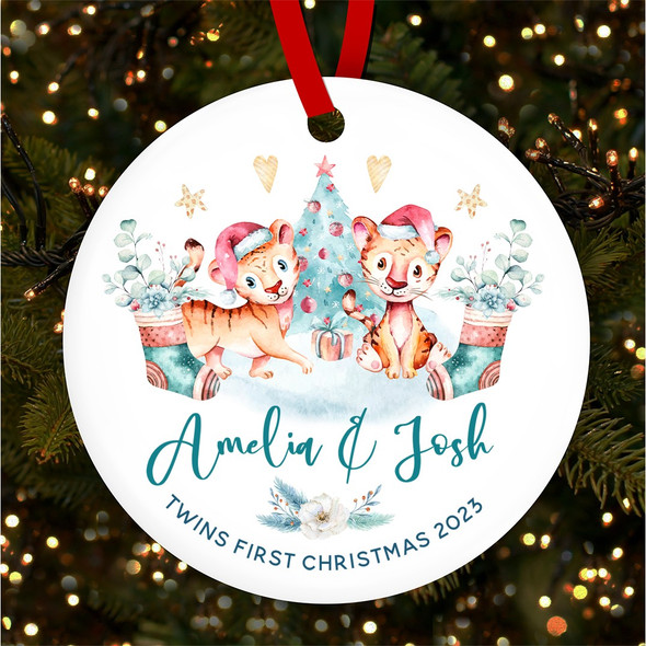 FREE WITH ORDERS OVER £20! - Baby Twins First Winter Tigers Scene Custom Christmas Tree Ornament Decoration