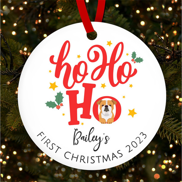 FREE WITH ORDERS OVER £20! - Bulldog Puppy 1st Ho Ho Ho Stars Personalised Christmas Tree Ornament Decoration
