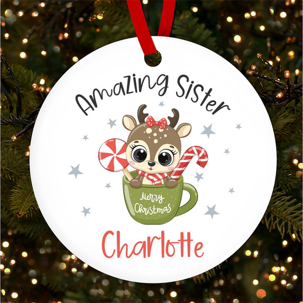 FREE WITH ORDERS OVER £20! - Cute Reindeer In Mug Amazing Sister Custom Christmas Tree Ornament Decoration