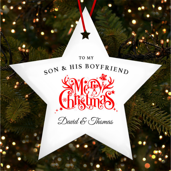 FREE WITH ORDERS OVER £20! - Son and His Boyfriend Merry Red Personalised Christmas Tree Ornament Decoration