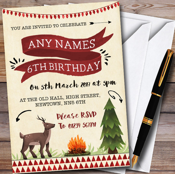 Deer & Campfire Camping Personalised Childrens Party Invitations