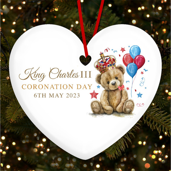 FREE WITH ORDERS OVER £20! - Watercolour Teddy Bear King Charles Coronation Souvenir Heart Hanging Ornament