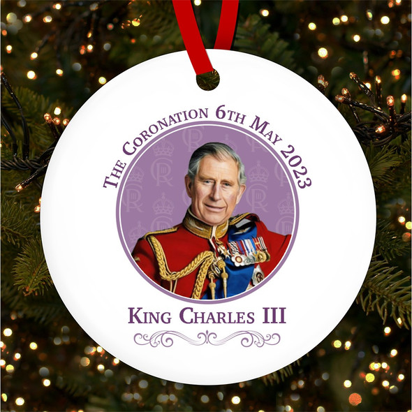 FREE WITH ORDERS OVER £20! - Purple Background King Charles III Coronation Souvenir Round Hanging Ornament