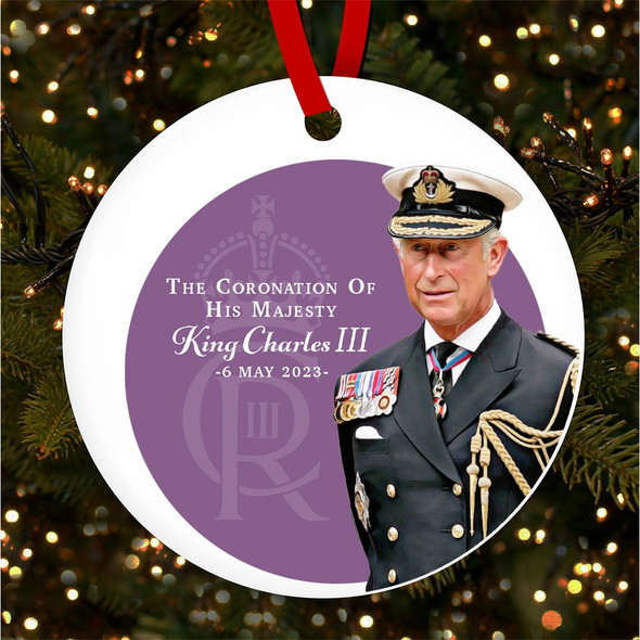 FREE WITH ORDERS OVER £20! - Purple His Majesty King Charles III Coronation Souvenir Round Hanging Ornament