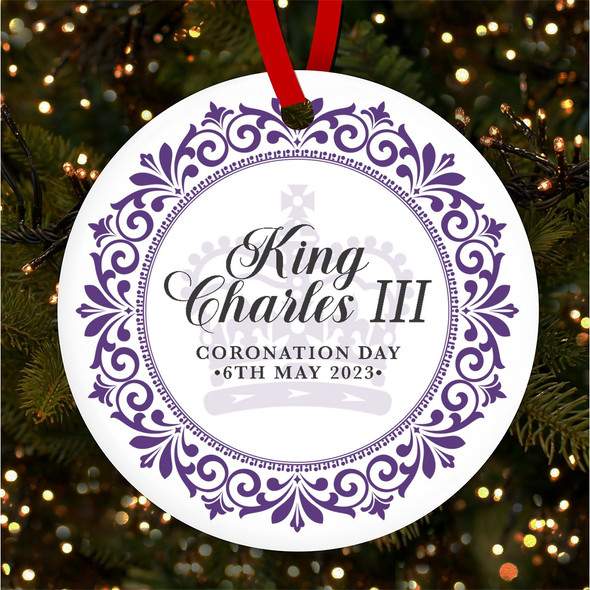 FREE WITH ORDERS OVER £20! - Purple Round Floral King Charles III Coronation Souvenir Hanging Ornament