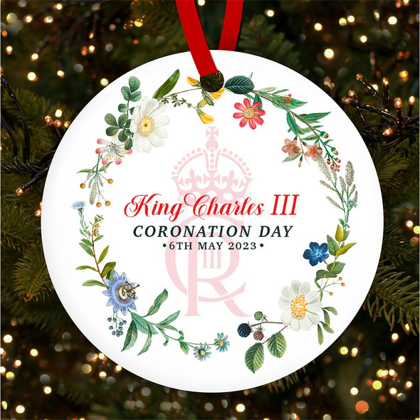 FREE WITH ORDERS OVER £20! - Floral Monogram King Charles III Coronation Souvenir Round Hanging Ornament