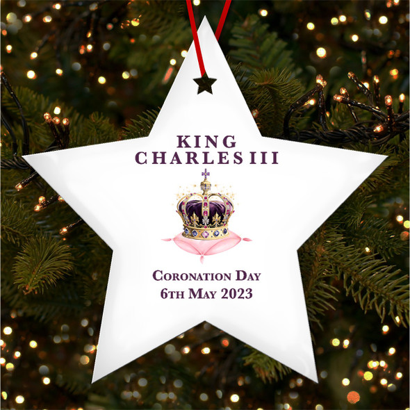 FREE WITH ORDERS OVER £20! - Watercolour Purple Crown King Charles Coronation Souvenir Star Hanging Ornament