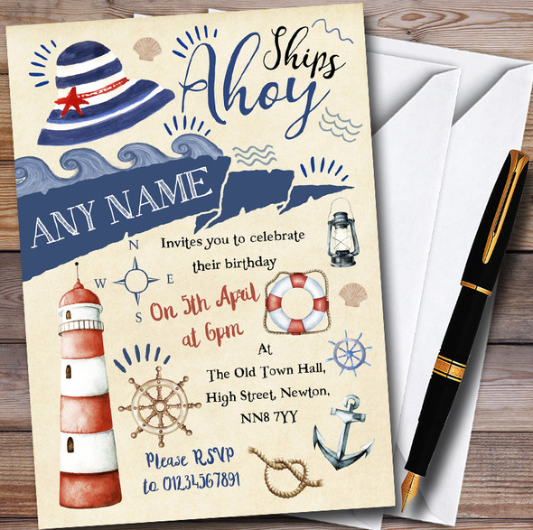 Nautical Beach Sea Anchor Personalised Childrens Party Invitations