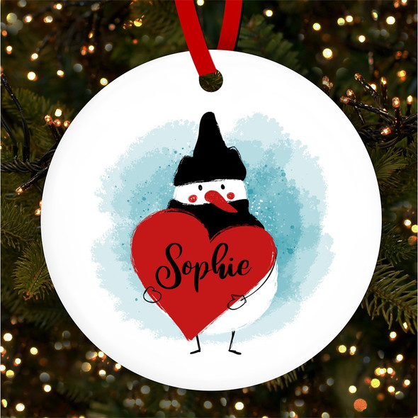 FREE WITH ORDERS OVER £20! - Snowman Holding Heart Name Round Personalised Christmas Tree Ornament Decoration