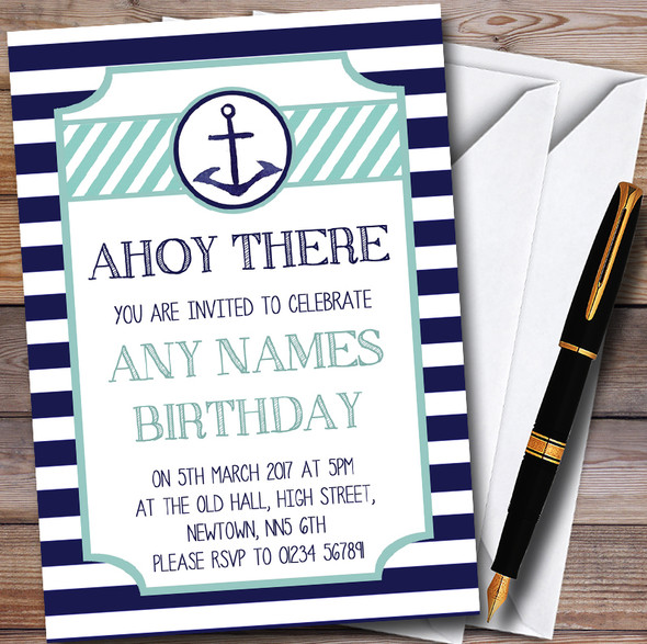 Navy Blue Stripe Nautical Anchor Personalised Childrens Party Invitations