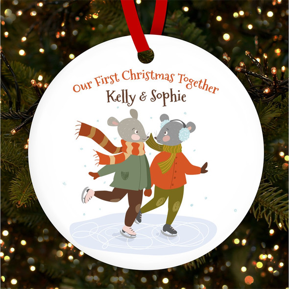 FREE WITH ORDERS OVER £20! - Two Mice In love At Ice Skating Personalised Christmas Tree Ornament Decoration