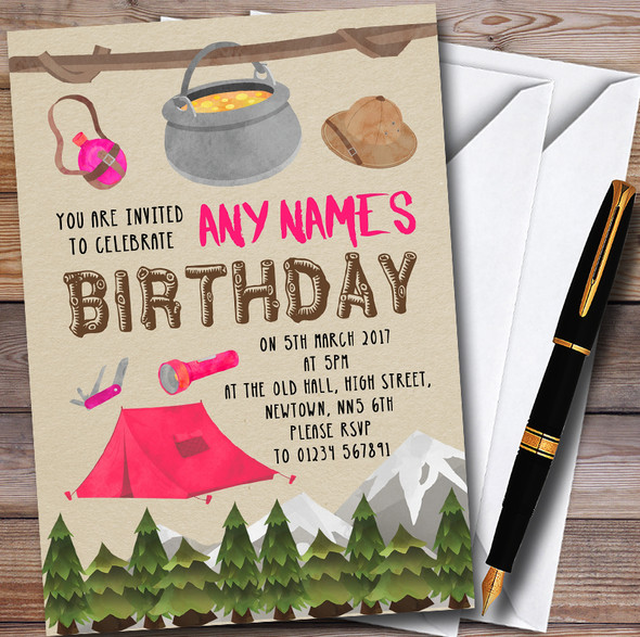 Outdoor Camping Girls Personalised Childrens Party Invitations