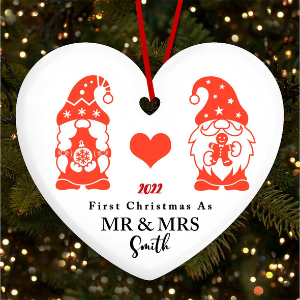 FREE WITH ORDERS OVER £20! - First As Mr and Mrs Gnomes Heart Personalised Christmas Tree Ornament Decoration