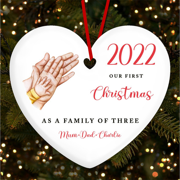FREE WITH ORDERS OVER £20! - Our First As 3 Hands Heart Personalised Christmas Tree Ornament Decoration