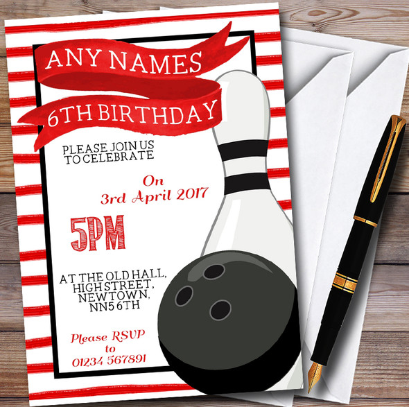 Red Stripe Bowling Ball & Pin Personalised Childrens Party Invitations