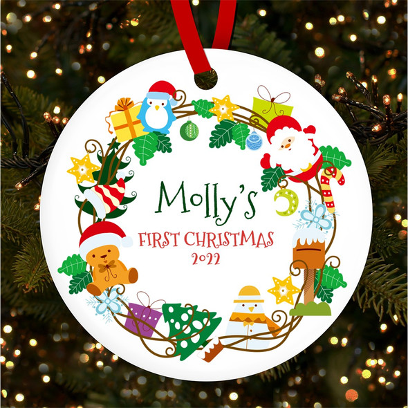 FREE WITH ORDERS OVER £20! - Festive Wreath Name Round Bauble Personalised Christmas Tree Ornament Decoration