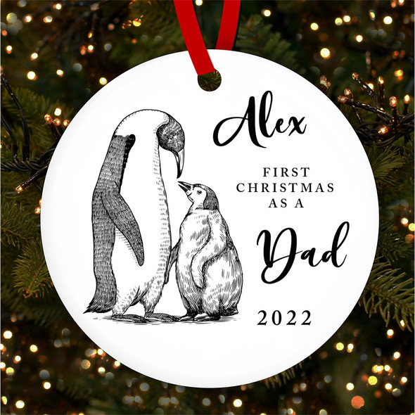 FREE WITH ORDERS OVER £20! - First As A Dad Penguins Round Personalised Christmas Tree Ornament Decoration