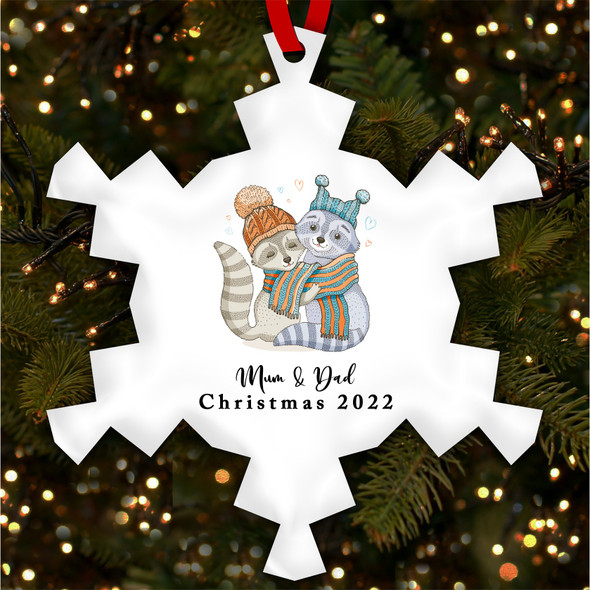 FREE WITH ORDERS OVER £20! - Mum Dad Raccoon Couple Snowflake Personalised Christmas Tree Ornament Decoration