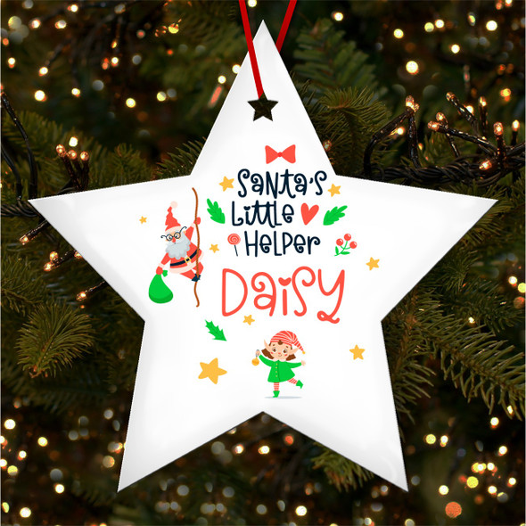 FREE WITH ORDERS OVER £20! - Girl Elf Santa Any Name Star Personalised Christmas Tree Ornament Decoration