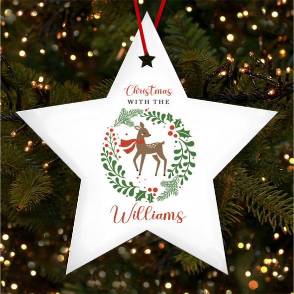 FREE WITH ORDERS OVER £20! - Wreath With Reindeer Family Star Personalised Christmas Tree Ornament Decoration