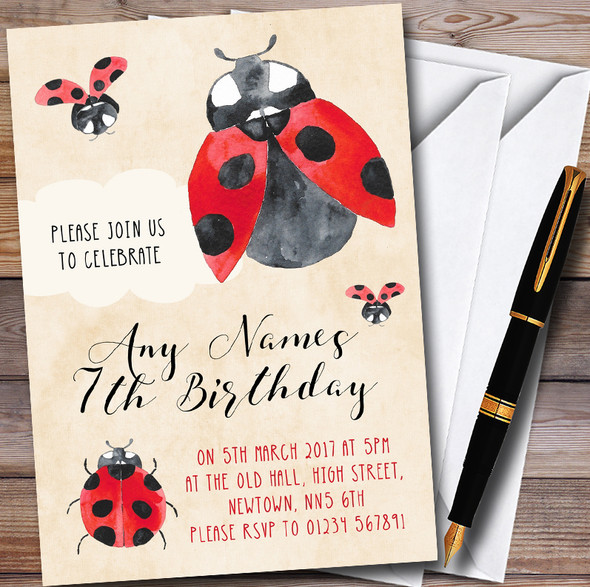 Watercolour Ladybird Ladybug Personalised Childrens Party Invitations