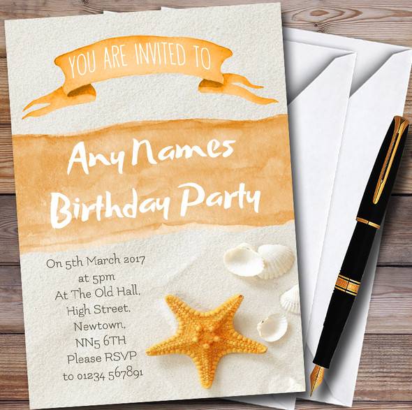 White Sand & Seashells Beach Personalised Childrens Party Invitations