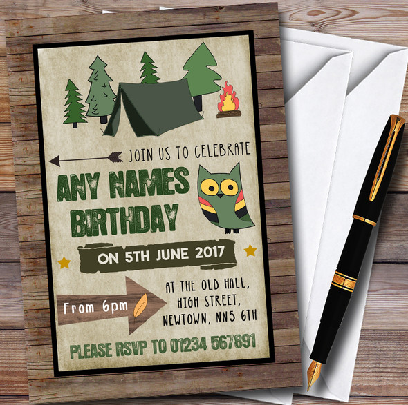 Wood Background Camping Personalised Childrens Party Invitations