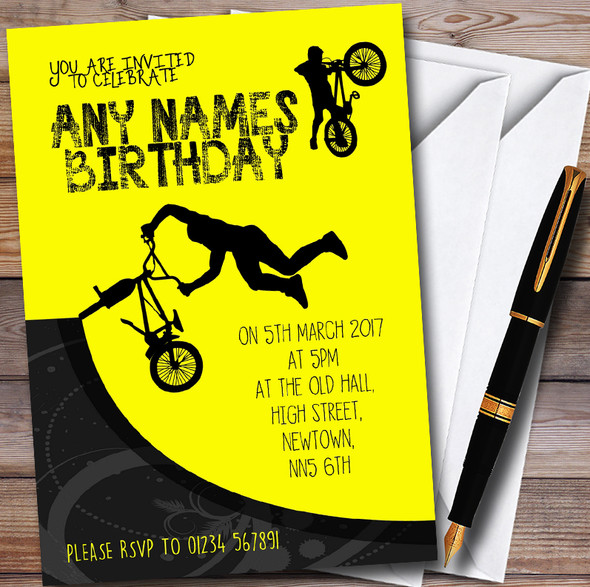 Yellow BMX Bike Cycle Personalised Childrens Party Invitations