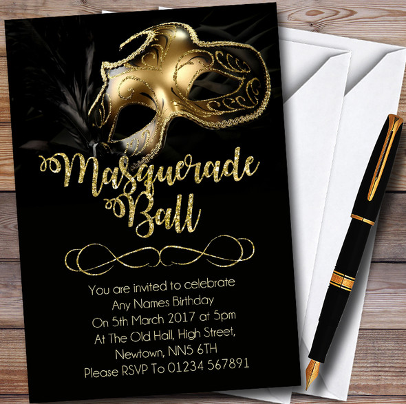 Golden Glitter Mask Masquerade Ball Personalised Party Invitations